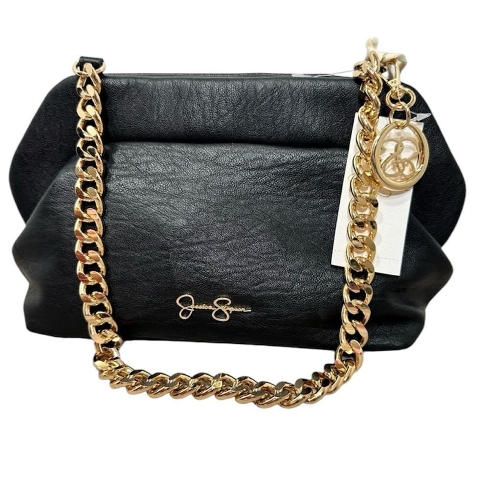 NWT Jessica Simpson Chelsea Clutch Bag Women Meteorite Black Gold Chain Strap